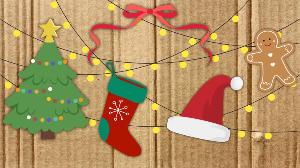 Jul i makerspace collage med forskellige julepynt